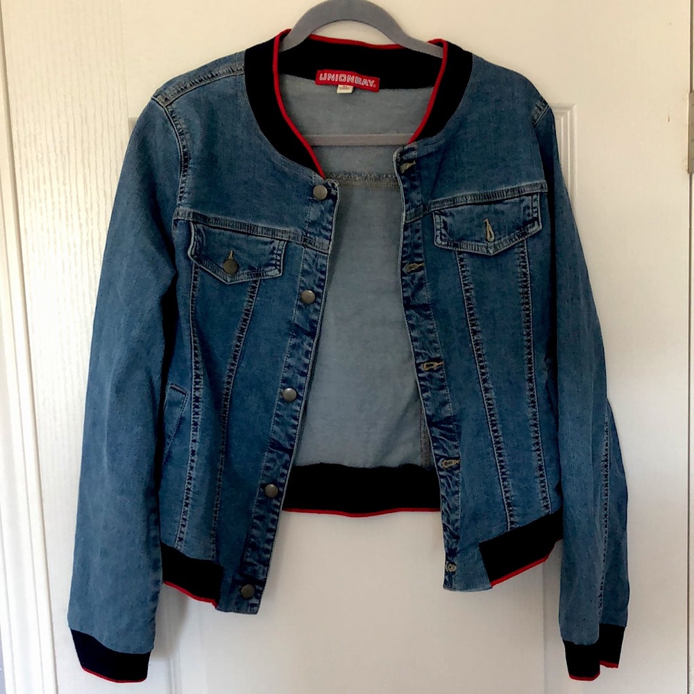Denim Jean Jacket with Navy & Red Trim